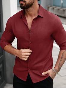 Manfinity Homme 男式纯色休闲前扣长袖条纹衬衫 - 玫瑰紅 - 查看 6