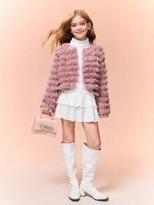 Tween Girls Fluffy Pink Long Sleeve Jacket - Dusty Purple - View 3