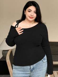 Dazy Plus 大尺碼修身純色露肩抽繩綁帶長袖T恤，春夏秋女款校園風 - 黑色 - 查看 7