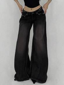 DAZY Quần Jeans Denim Đơn Giản Phong Cách Retro Dành Cho Nữ - Màu xám đen - Xem 4