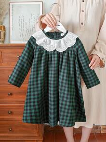 Vintaside Kids 女童格子连衣裙田园风优雅淑女长袖棉麻面料适合春秋过渡季节 - 綠色 - 查看 1