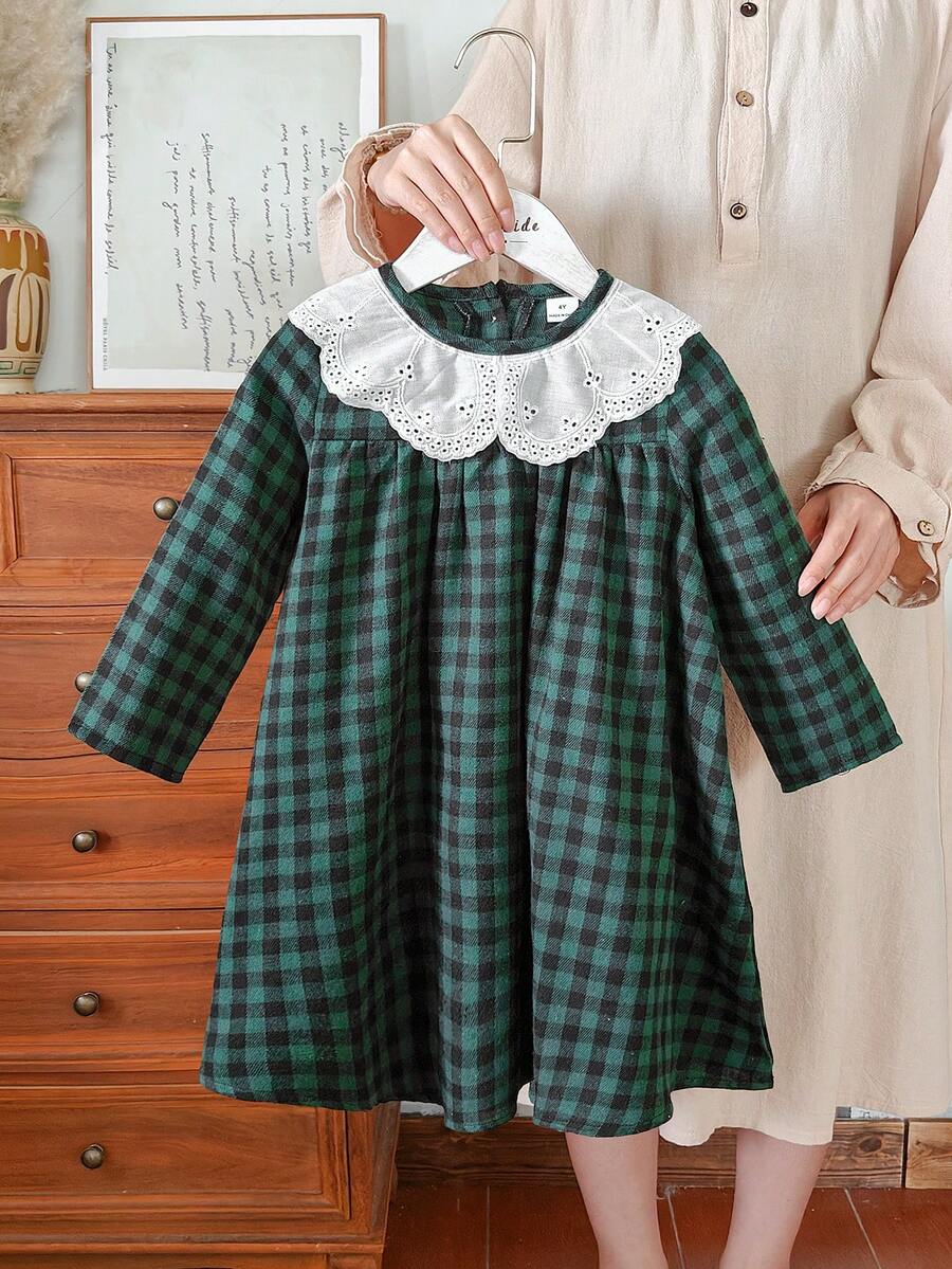 Vintaside Kids 女童格子连衣裙田园风优雅淑女长袖棉麻面料适合春秋过渡季节 - 綠色 - 查看 1