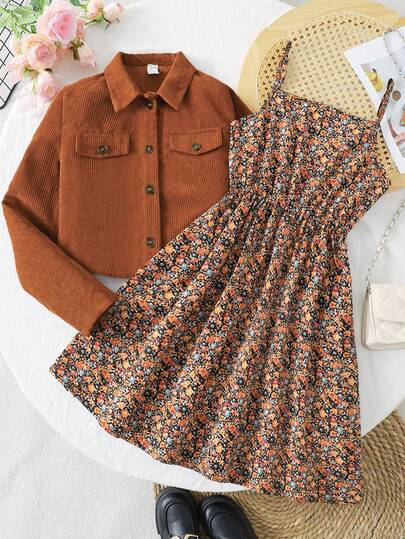 SHEIN Teen Girls Casual Woven Long Sleeve Shirt Top And Ditsy Floral Slip Dress 2-Piece Set/Christmas,Holiday/Family Day/Happy New Year