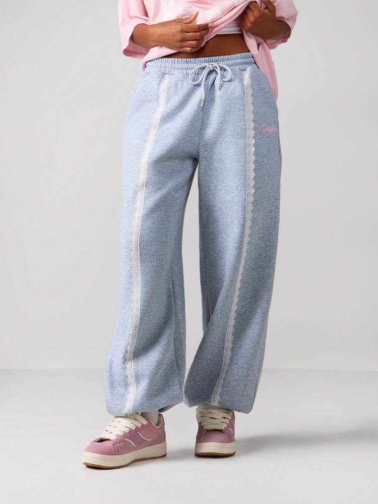 Missguided x Playboy Women's Casual Sweatpants With Lace Side Stripes And Drawstring Waist Comfort Loungewear