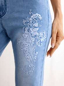 Elenzga 女式刺绣塑形口袋喇叭牛仔裤 - 藍色 - 查看 7