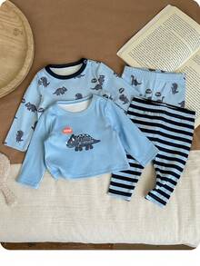 SHEIN Newborn Baby Boy/Girl Cute Cartoon Pattern Knit Long Sleeve Top And Pants Pajama Set - Blue - View 4