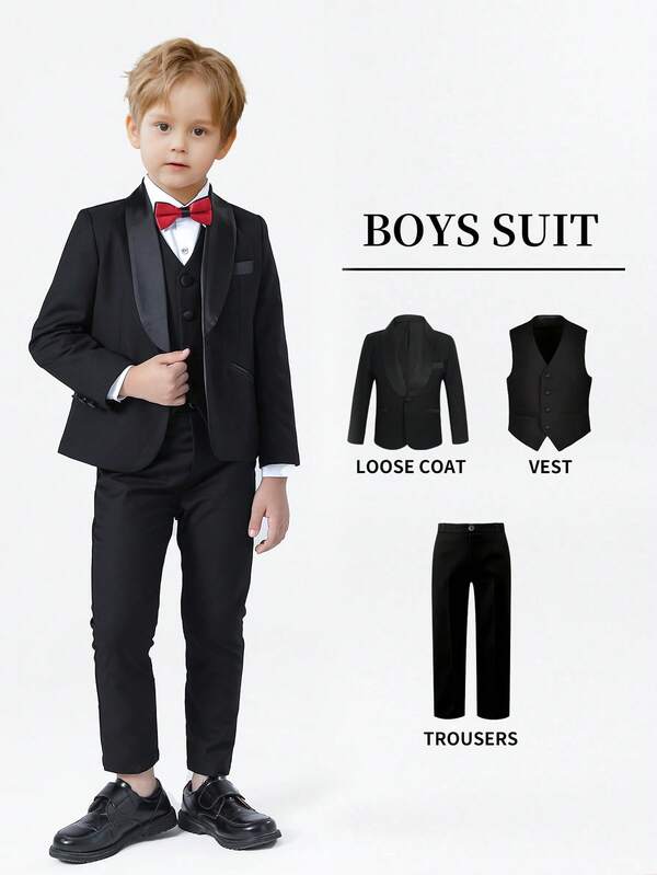 SHEIN 3pcs Young Boys Classic High-End Shawl Neck Suit Set: Jacket + Vest + Pants, Suitable For Stage Performance, Wedding Pageboy Outfit, Children Formal Wear