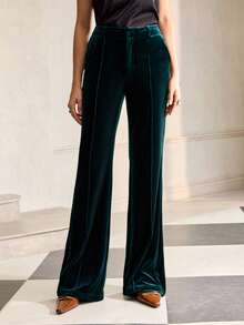 ZEYLAH Women's Elegant Fitted Flared Pants With Pockets, Autumn/Winter - Dark Green - View 4