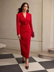 ZEYLAH Tailliert gerafftes Midi-Bodycon-Kleid, Herbst/Winter - Rot - Übersicht 6