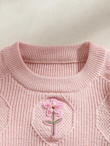 Souflis Souflis Suéter de niña para otoño/invierno, linda parte superior de manga larga con cuello redondo para bebé niña, suéter con decoración floral delicada, ropa exterior para bebé niña adecuada para fiestas y uso diario, puede usarse como regalo - Rosa - Ver 3