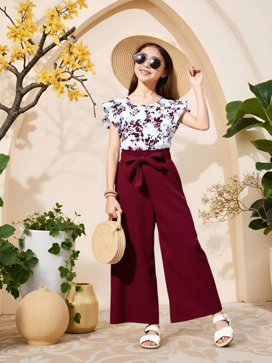 2pcs/Set Tween Girls Floral Print Round Neck Top & Belted Solid Color Pants - Burgundy - View 1