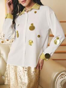 Penseblé Blusa de manga larga con botones y lentejuelas de color contrastante para mujer - Blanco - Ver 4