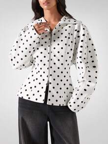 LYSMO Áo khoác dài tay nữ mùa đông tối giản họa tiết chấm bi đen trắng, khóa kéo, kiểu dáng thường ngày, mẫu mới 2025, thích hợp cho đi chơi, phong cách đường phố và diện trong mùa đông, đón năm mới hoặc Giáng sinh. - Đen và trắng - Xem 3