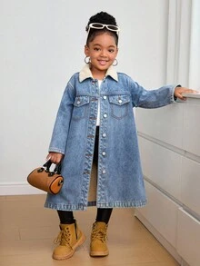 SHEIN Young Girl' Y2K Blue Denim Thermal Lined Lapel Long Sleeve Long Jacket,A Long, Thickened And Fleece Coat,,Fall Clothes,Winter Clothing ,Casual And Fashionable Vacation Outfits,Streetwear,2000s Style  ,Christmas Clothing,Wool-Neck Warm Fleece Denim Jacket - Light Wash - View 2