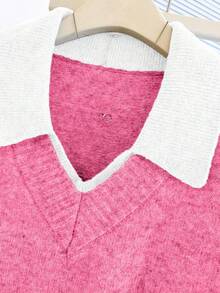 Franclia V-Neck 2 In 1 Long Sleeve Sweater, Autumn/Winter - Hot Pink - View 8