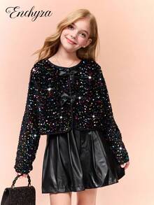 Áo khoác cổ tròn tay dài đính nơ đính sequin trang trí cho bé gái tuổi teen - Nhiều màu - Xem 3