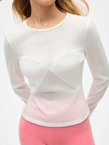 Eassivo Eassivo 女式纯色圆领长袖休闲健身运动T恤 - 白色 - 查看 5