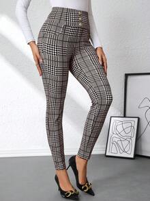 Ellevyn Quần dệt kim cạp cao màu đen trắng họa tiết kẻ caro thanh lịch dành cho nữ, mùa hè - Cà phê nâu - Xem 6