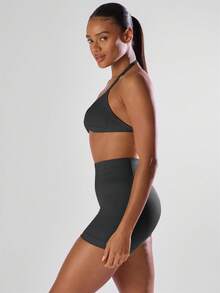 Musera Sport Solid Ruched Bust Open Back Halter Sports Bra , Active Comfy Workout Gym Running Run Club Gym Yoga Pilates Fitness Daily Casual - Dark Grey - View 4