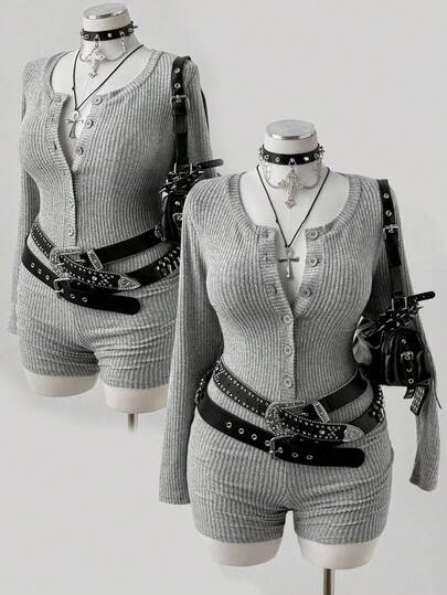 Sunspun 大码圆领罗纹羊毛纽扣前开连体裤