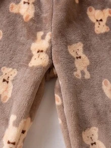 2 件套小男孩厚法兰绒卡通熊印花开衫和裤子套装，秋冬休闲家居服 - 棕色 - 查看 6