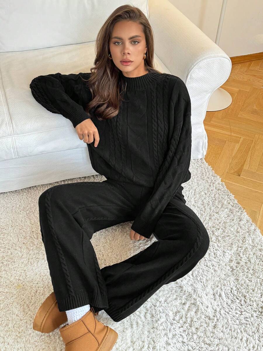 SHEIN Tall Women's Solid Black Knitted Homewear Set, Suitable For Autumn/Winter, Premium Version For Tall,Fall,Fall Clothes For Women - Black - View 1