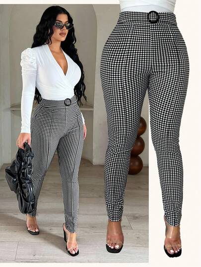 SHEIN SXY Women's Fashion Business Casual Plaid Skinny Pants, Checkered Pants, Houndstooth, Gingham Pants, High Waist Pants Woman, Plaid,Elegant ,Business Casual Outfits Women,Work,Teacher,