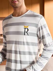 SHEIN Provexi Striped Crew Neck Long Sleeve Solid Color Pants Plus Size Men Pajama Set - Multicolor - View 5