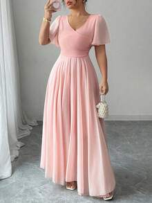 Elenzga 大码女式雪纺荷叶边袖 V 领 A 字形连衣裙，简约优雅浪漫飘逸 - 粉色 - 查看 6