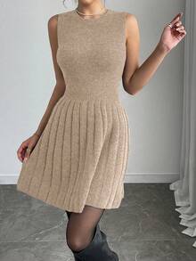 Elenzga Bộ đồ len cardigan cài nút đơn giản, không tay, viền xếp ly, màu trơn, thoải mái khi đi làm hàng ngày dành cho nữ, mùa thu - Màu be - Xem 4