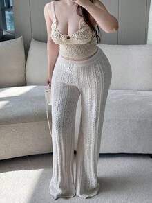 Flirla 大码女式时尚优雅波西米亚风格镂空宽松针织裤，适合度假穿着，春夏秋季 - 杏色 - 查看 6
