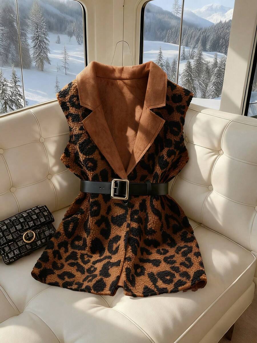 GlowEve 棕色豹纹绒面绒时尚马甲外套，适合下午茶日常休闲办公室时尚外出派对优雅婚礼万圣节圣诞节新年秋冬标准尺码服装 - 彩色 - 查看 1