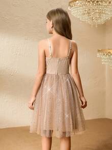 女童闪亮无袖连衣裙，后背蝴蝶结，公主薄纱裙，适合生日派对 - 卡其色 - 查看 2