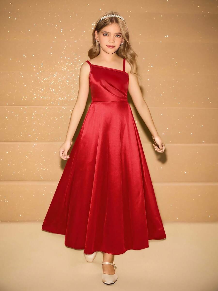 Tween Girl' 优雅简约时尚不对称肩部无袖高腰长款纯色缎面闪亮面料红色连衣裙，适合毕业舞会、选美、圣诞派对 - 紅色 - 查看 1