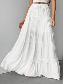 SHEIN Tall 女士春夏新品纯米色亚麻长款A字裙，优雅休闲波西米亚风长裙，适合秋冬聚会、约会 - 白色 - 查看 1