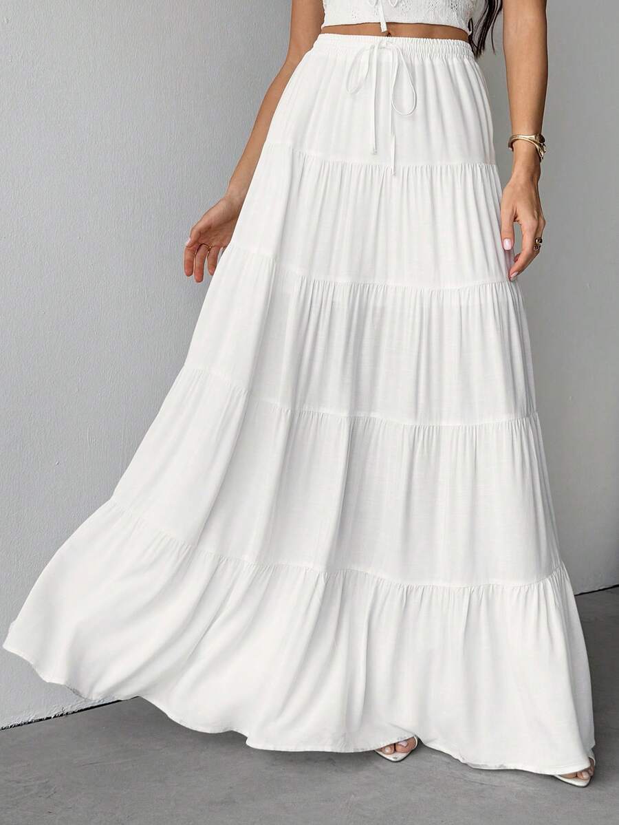 SHEIN Tall 女士春夏新品纯米色亚麻长款A字裙，优雅休闲波西米亚风长裙，适合秋冬聚会、约会 - 白色 - 查看 1