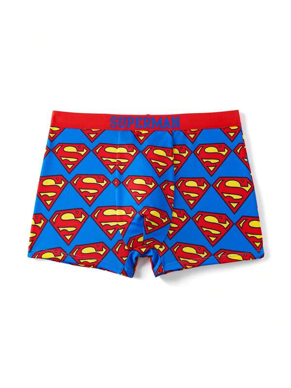 SUPERMAN X SHEIN 1pc Men's Blue Comfortable Breathable Contrast Trim Cartoon Print Trunks,Comfortable,Soft,Cute,,Basic Casual Boxer Brief Graphic Boxers Mens Boxers Mens Graphic Boxers