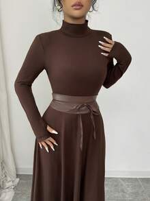 SHEIN Elenzya Váy dệt kim dài màu trơn sang trọng dành cho nữ, thiết kế cổ cao một nửa, ôm vừa vặn, trang trí thắt lưng thon gọn, váy thanh lịch cổ điển, phù hợp mặc hàng ngày, hẹn hò, ăn tối, cặp đôi, lớp trong thu đông, lớp ngoài xuân - màu nâu - Xem 6