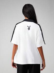 Missguided x Playboy Oversized Collared Cotton Tee With Contrast Trim And Athletic Number Print For Casual Weekend - Black - View 2