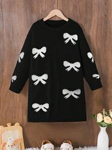 SHEIN 1pc Girls' Sweater Dress, Cute Style, Black Bow Jacquard Pattern, Round Neck, Regular Sleeve, Cuff & Hem Cinched, Regular Thickness, Elegant Knit Dress In Ivory, Intellectual & Flattering Slim Fit, Suitable For Spring, Autumn & Winter Bow Clothes Bows On Clothes Black Sweater With White Bow Print Sweater K Pop Sweater With Bows Black And White Sweater Sumwon Wednesday Addams - Black - View 4