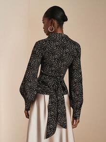 JIAN LASALA Blusa casual da donna con stampa a pois su tutto il capo, maniche a palloncino, vita con laccio incrociato, elegante e di stile luxury