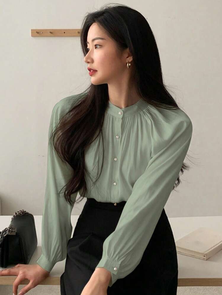 Women's Spring Solid Color Button-Up Lantern Sleeve Blouse,Fall Clothes Long Sleeve Top
