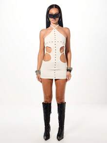 SUMWON WOMEN Cream Jersey Halterneck Eyelet Mini Dress With Cut-Out Details For Summer Party Nightclub Festival Occasions - White - View 3