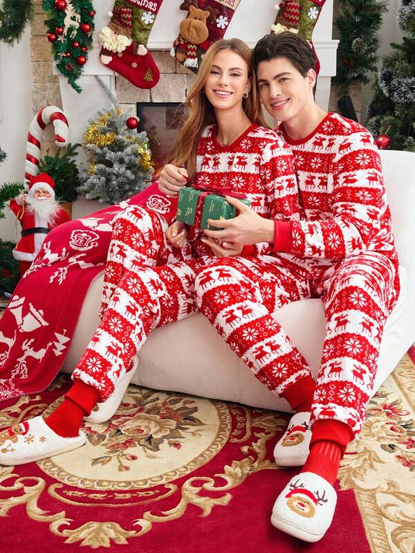 FamilyFrolics Conjunto de pijama de pantalón y parte superior de manga larga con estampado de renos para hombres, ropa de invierno para fiesta navideña