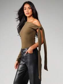 MISSGUIDED One Shoulder Draped Bodysuit With Long Sleeve Tie Detail For Evening Party Occasions - Army Green - View 5