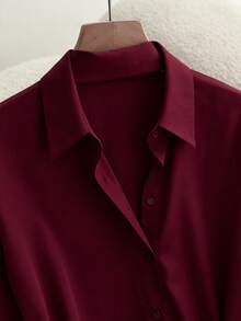 Franclia 休闲通勤百搭纯色长袖衬衫搭配女士A字裙、百褶裙、长裙，配腰带，春秋季，卡其色女套装，女士两件套，女士连衣裙，秋装/春装，女士休闲装，女士教师制服 - 酒紅色 - 查看 4