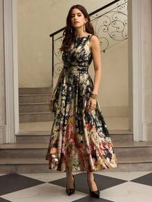 ZEYLAH 女式金属印花腰部喇叭连衣裙，秋冬 - 黑色 - 查看 5