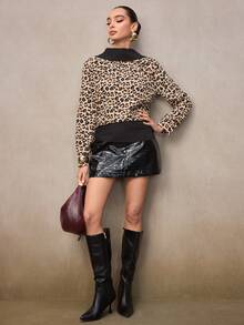 Modelyn Women's Autumn Leopard Print Turtleneck Long Sleeve Backless Fashionable Color Block Shirt - Multicolor - View 3