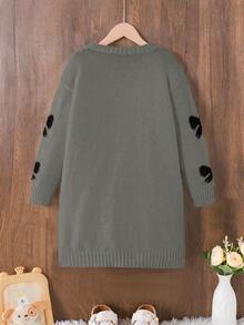 SHEIN 1件套女童毛衣裙，可爱款式，黑色蝴蝶结提花图案，圆领，常规袖长，袖口和下摆收紧，常规厚度，优雅象牙色针织裙，知性时尚修身，适合春秋冬 - 灰色 - 查看 2