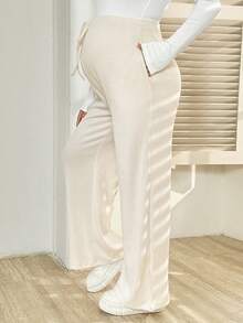 SHEIN 孕妇休闲日常通勤纯色系带可调节腰部保暖阔腿裤 - 杏色 - 查看 2